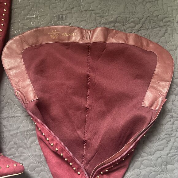 MACKIN J 181-1 Maroon Faux Suede Thigh High Pointy Toe Studded Stiletto Boot SZ8 - Picture 10 of 12